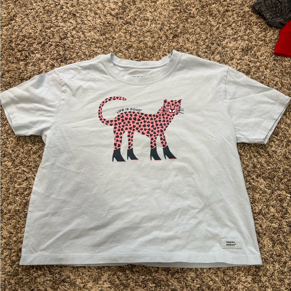 Life Is Good Boxy Tee- Light Blue with Pink Leopard